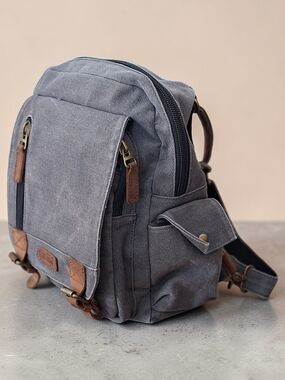 Canvas Gray Backpack with Leather Accents